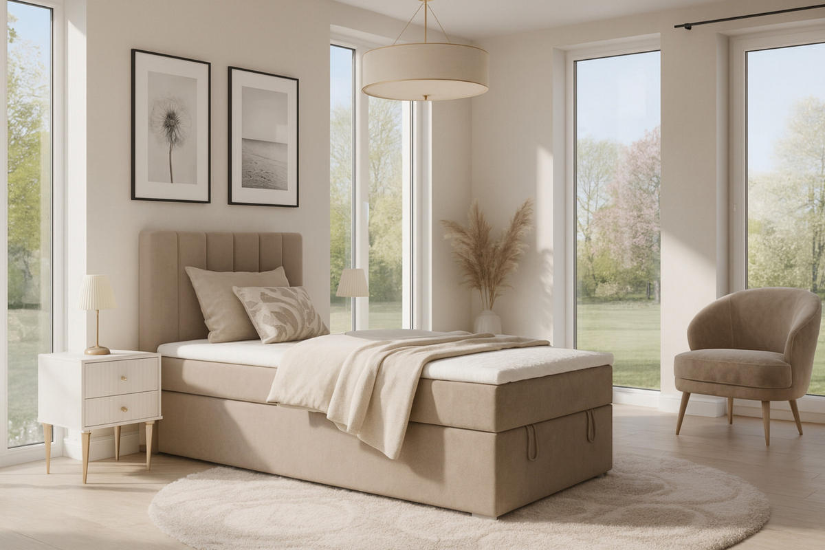 BOXBETT DAVID MINI 120/200 in Velours Beige H4 - Beige, Holz/Holzwerkstoff (120/200cm) - Deine Möbel 24