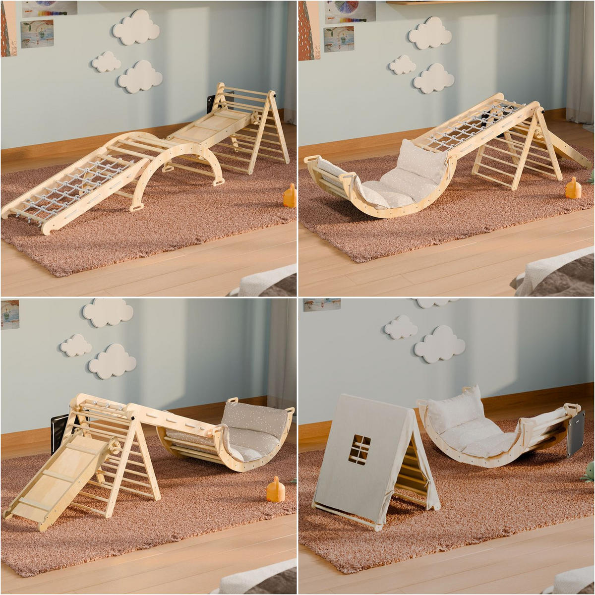 KLETTERDREIECK Movario mit Kissen 80x50cm - Groß - Naturfarben, Holz (56/101/54cm) - Juskys
