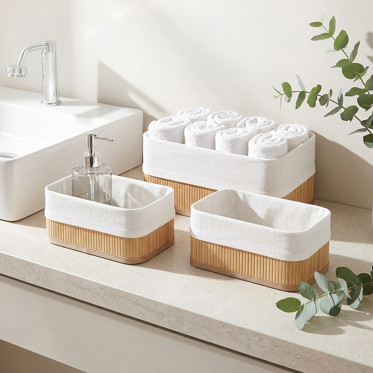 KOŠARA Naravna 3-delni-Set bambus - svetlo rjava, leseni material/tekstil (30/12.5/20cm) - Relaxdays