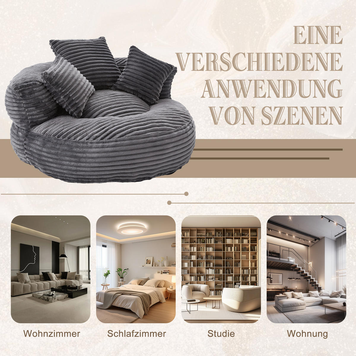 SEDACÍ VAK manšestr tmavě šedý s opěradlem a 3 polštáři - tmavě šedá, textil (108/52/108cm) - Urban Meuble