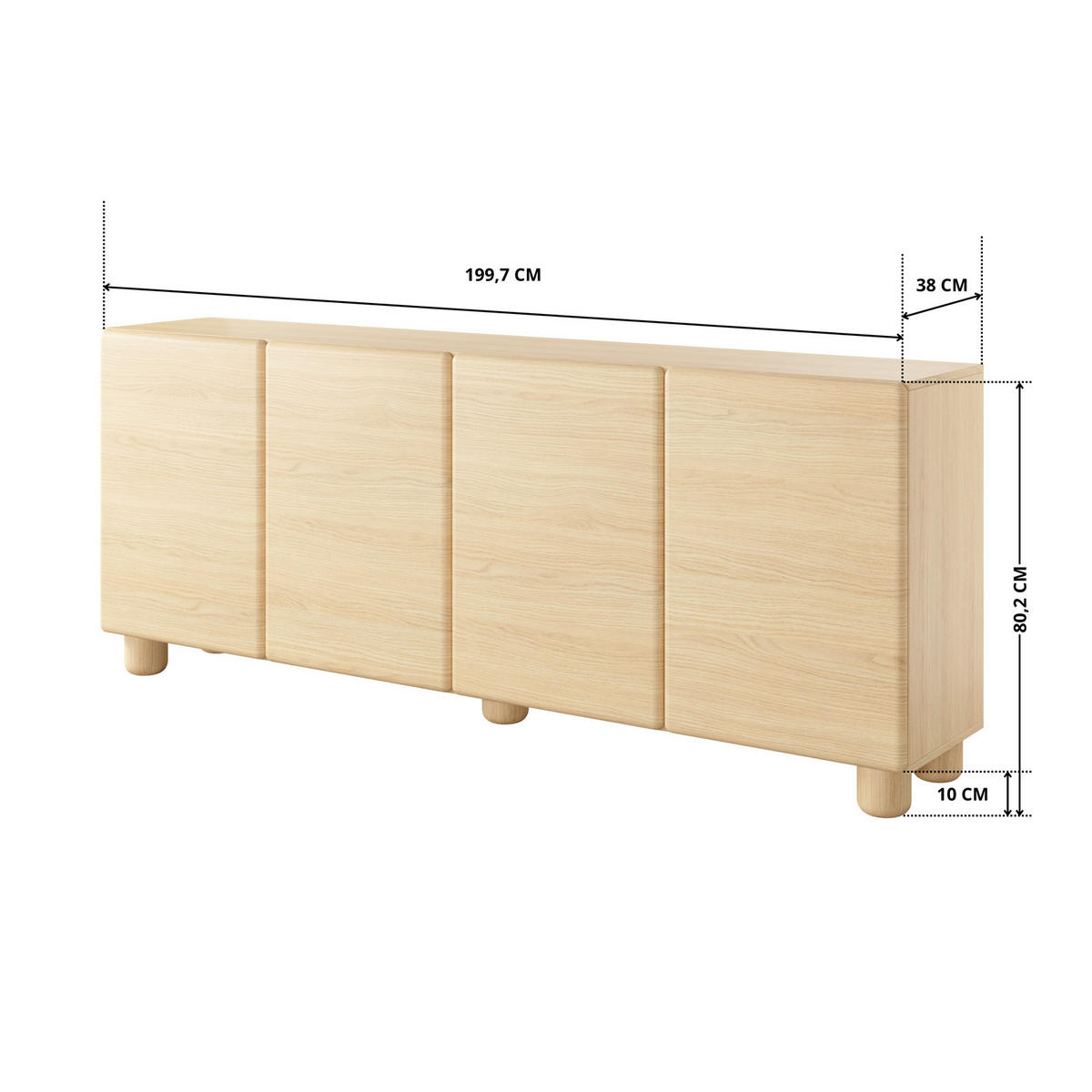 SIDEBOARD CERVI B 200 cm Eiche Vicenza - mit 4 Türen und abgerundeten Fronten - Eichefarben, Holz/Holzwerkstoff (200/80/38cm) - Ravio