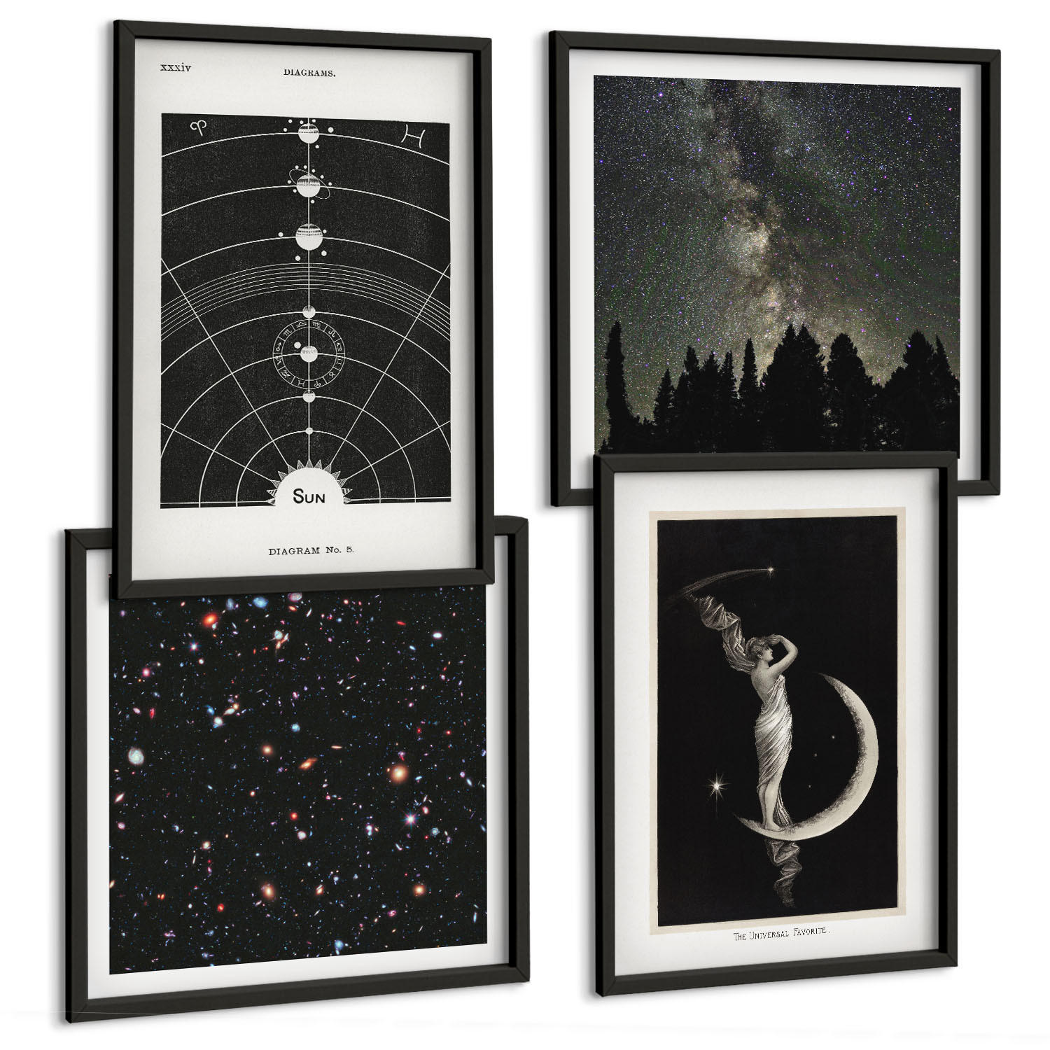 BILDER SET 4er Set - 50x50 cm & 40x60 cm Schwarzer Rahmen - Galaxie im Sonnensystem - Schwarz, Kunststoff (50/50cm) - TULUP