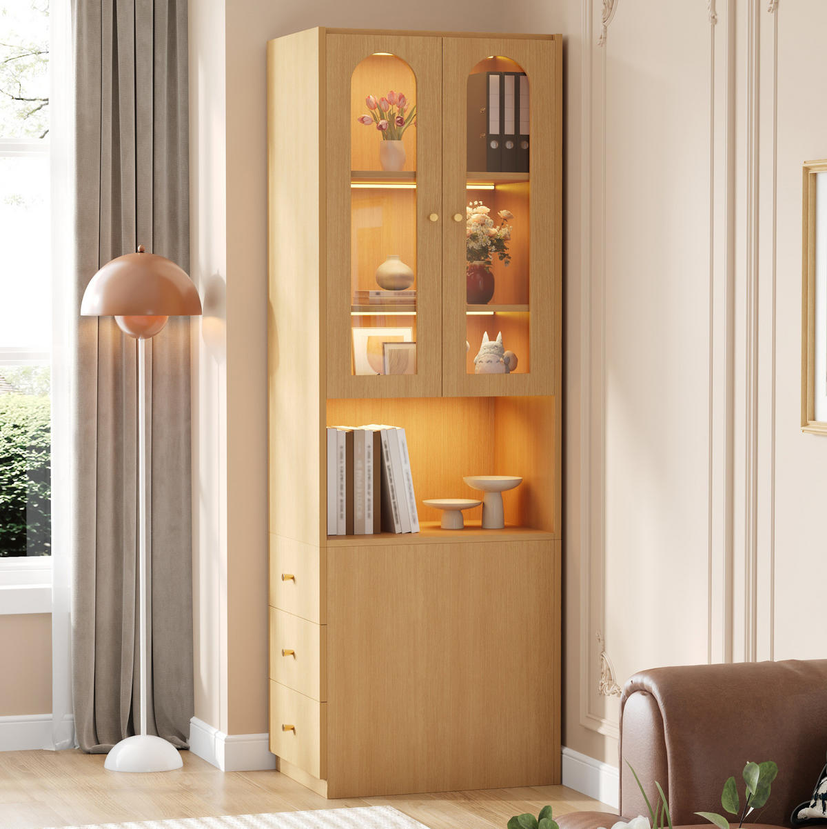 HIGHBOARD 60/40/200 cm in Eichefarben mit LED-Beleuchtung und GlasHighboard - Eichefarben, Holzwerkstoff (60/200/40cm) - Flora Grace