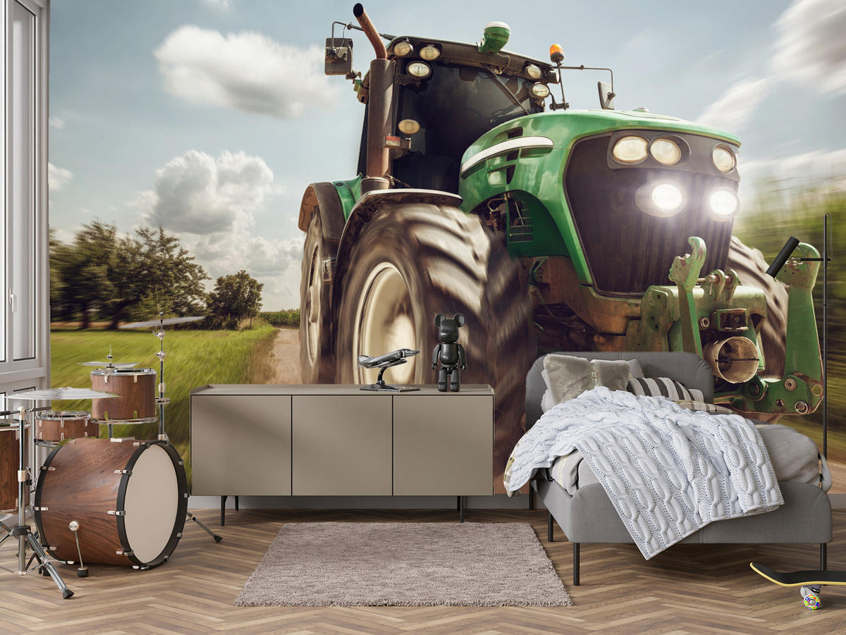 FOTOTAPETA Jazdiaci Traktor Stromy Vegetácia Poľnohospodárstvo 300 x 210 cm - čierna/biela, papier (300/210cm) - Muralo