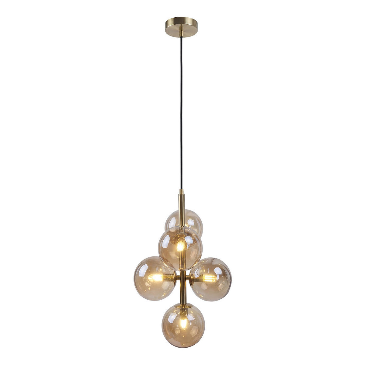 PENDELLEUCHTE - Metall / Glas - 5-flammig - Goldfarben/Bernsteinfarben, Glas/Metall (28/28/167cm) - home24