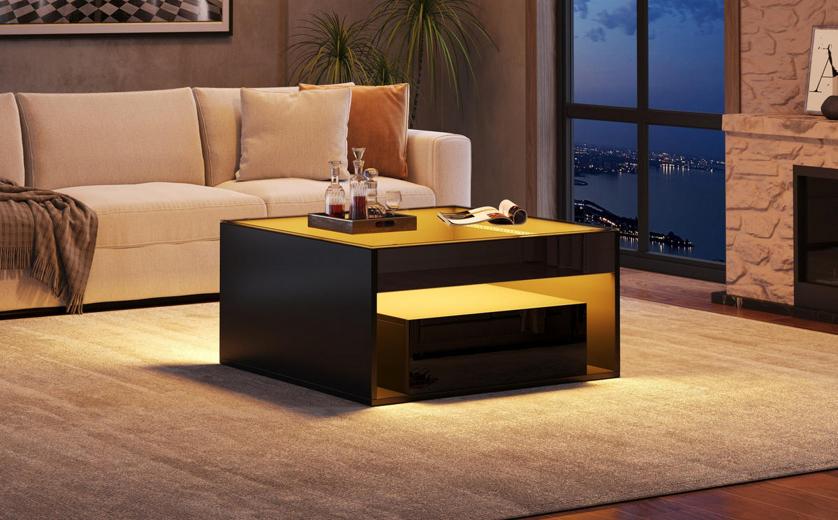 COUCHTISCH 70/70/35 cm mit LED-Beleuchtung und 2 Schubladen in Schwarz - Schwarz, Holzwerkstoff (70/70/35cm) - Flora Grace