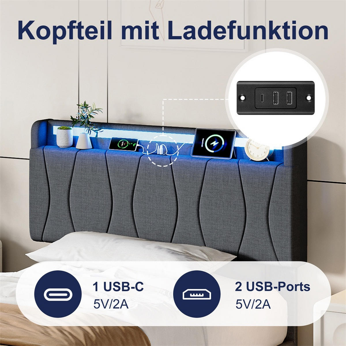 POLSTERBETT 90x200 cm mit LED-Beleuchtung - Kopfteil mit Ladefunktion - Gepolstertes Kopfteil - Grau - Grau, Textil (90/200cm) - DELFA