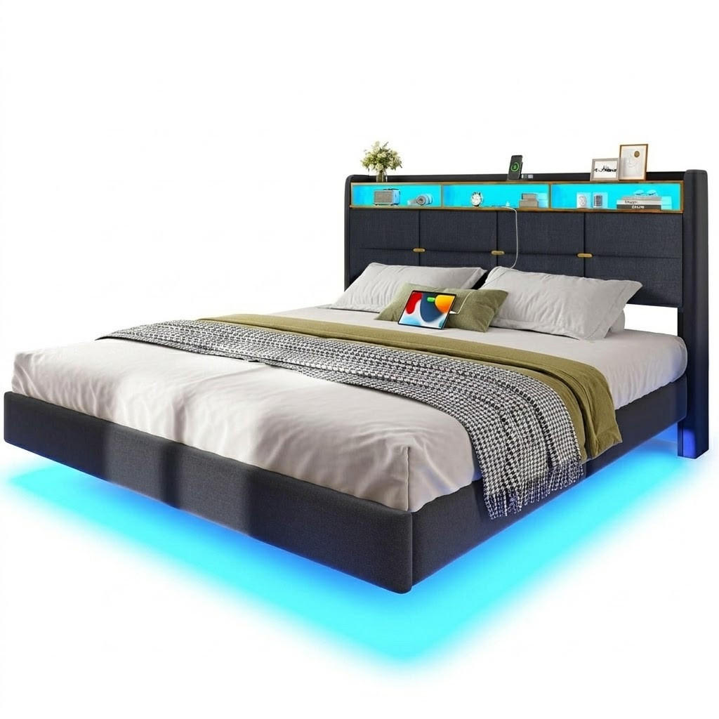 BETT 160x200 cm mit Boxspring, mit LED und USB, Schwebebett für 2 Personen, gepolstertes Kopfteil mit Stauraum, Grau - Grau, Metall