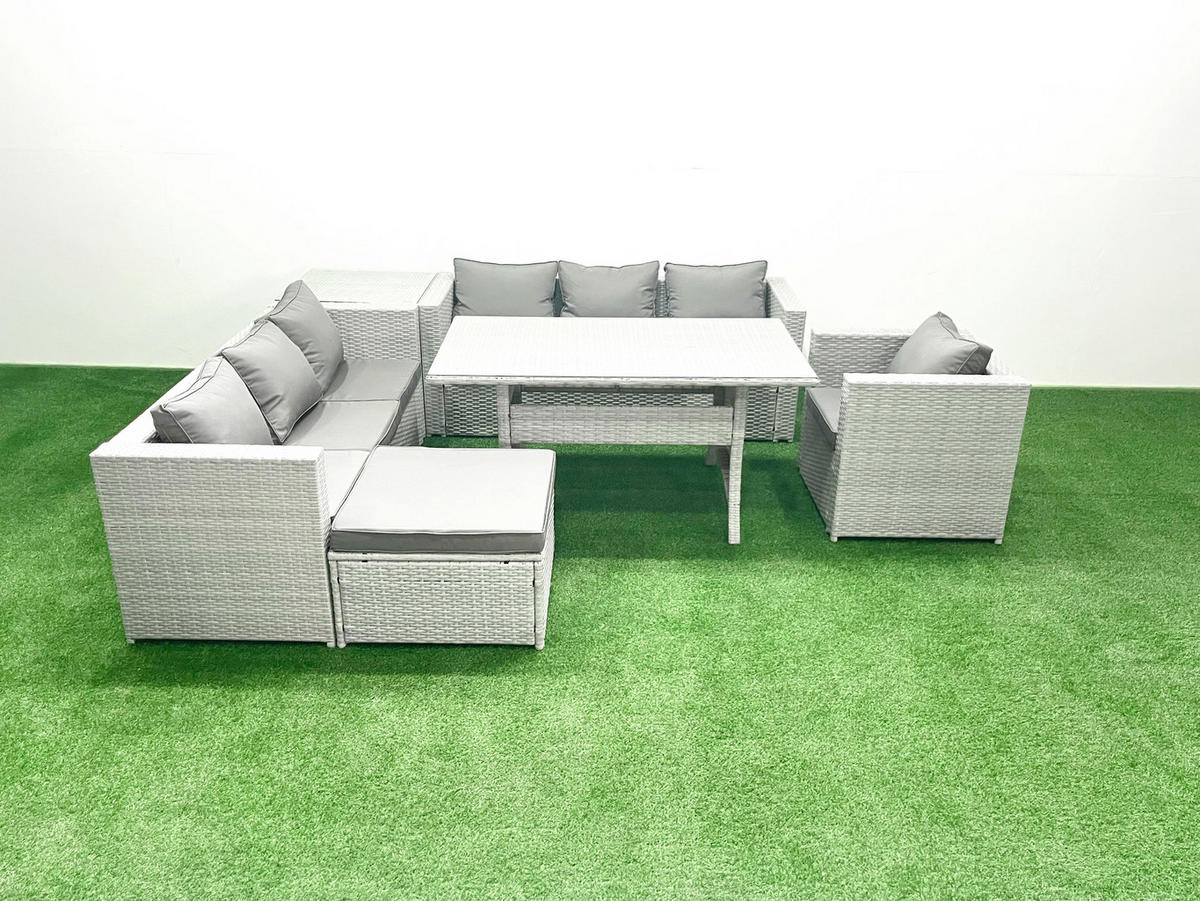 GARTENMÖBEL SET mit 3-Sitzer-Sofa und Sessel, Esstisch,Beistelltisch,Großer Fußhocker Polyrattan Hellgrau 8-Sitzer - Hellgrau/Grau, Glas/Kunststoff - Fimous