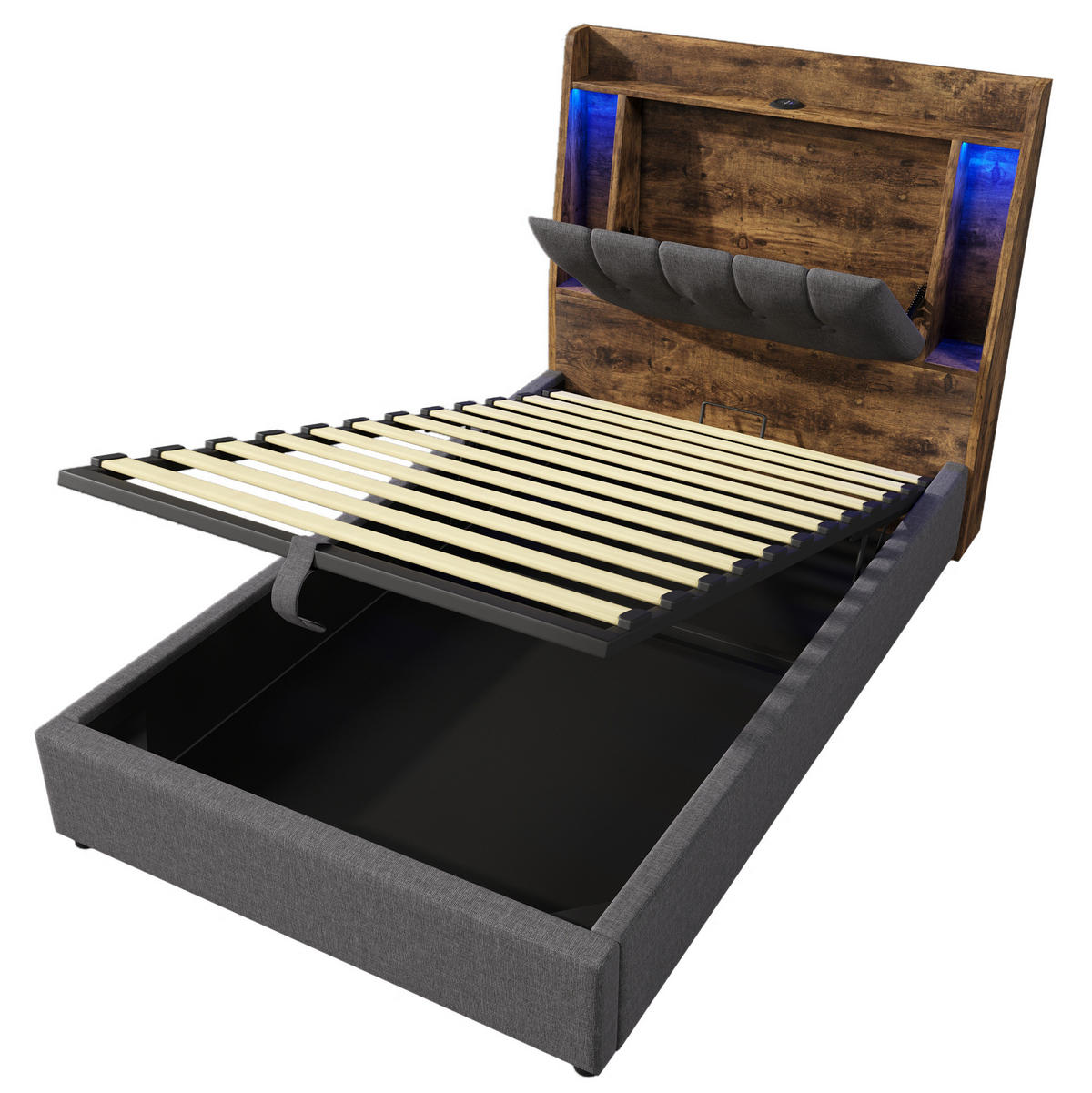 POLSTERBETT 90/200 cm mit LED-Beleuchtung, Bettkasten und USB-/Typ-C-Anschluss - Grau, Textil (90/200cm) - BEAOK