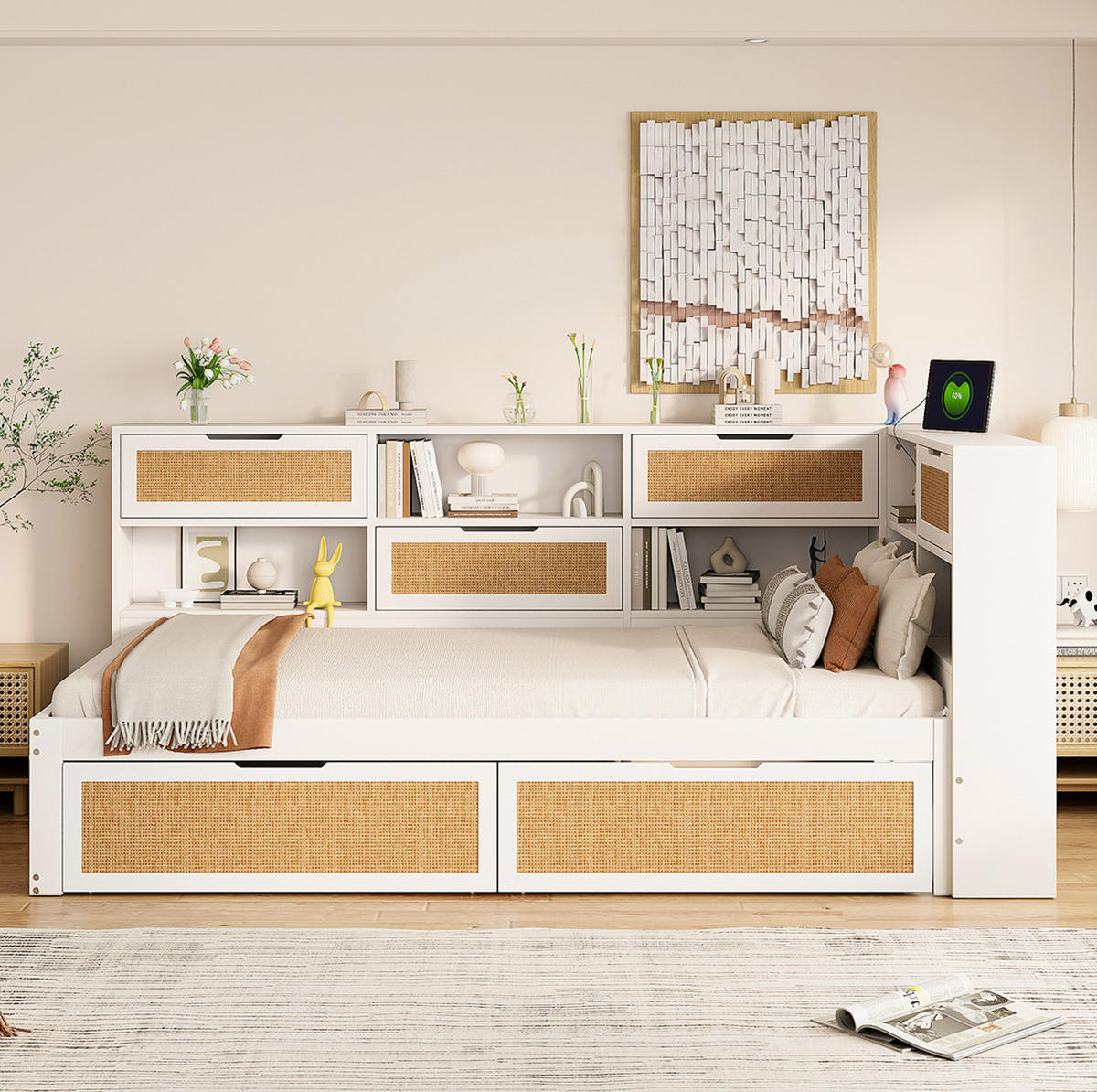 SCHLAFSOFA 90/200 cm mit USB-Anschluss, Stauraumfächern und 2 Schubladen, Weiß - Weiß, Holz (225/92/116cm) - Redom