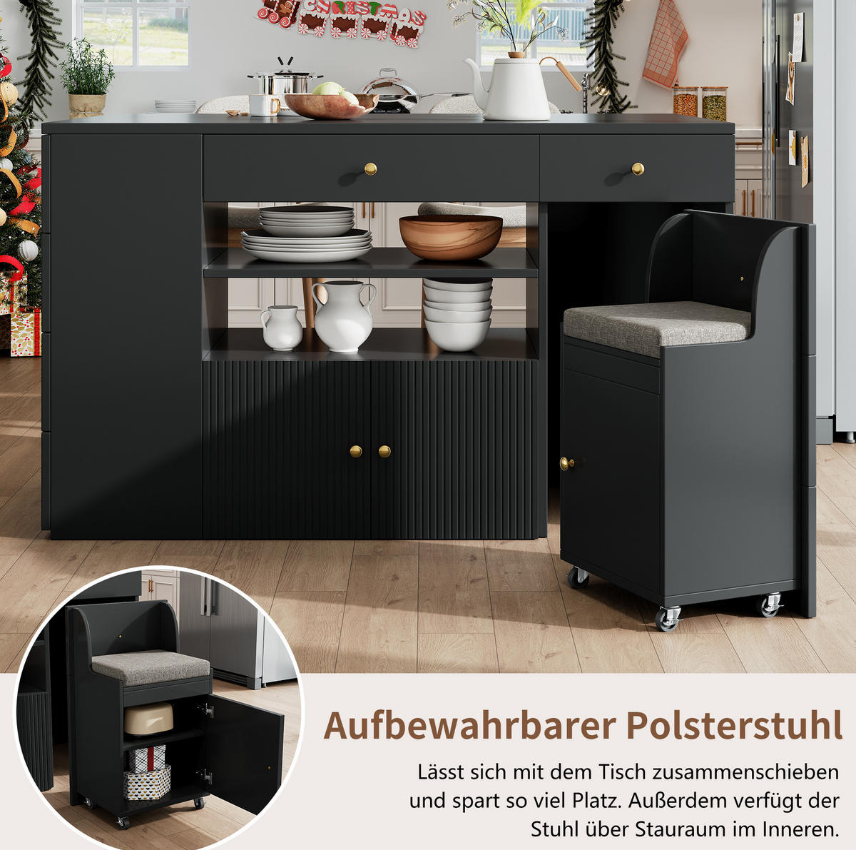 KÜCHENINSEL 140x70x89cm Schwarz mit 6 Schubladen, Hocker & Metallgriffen - Schwarz, Holzwerkstoff (140/89/70cm) - Modfu
