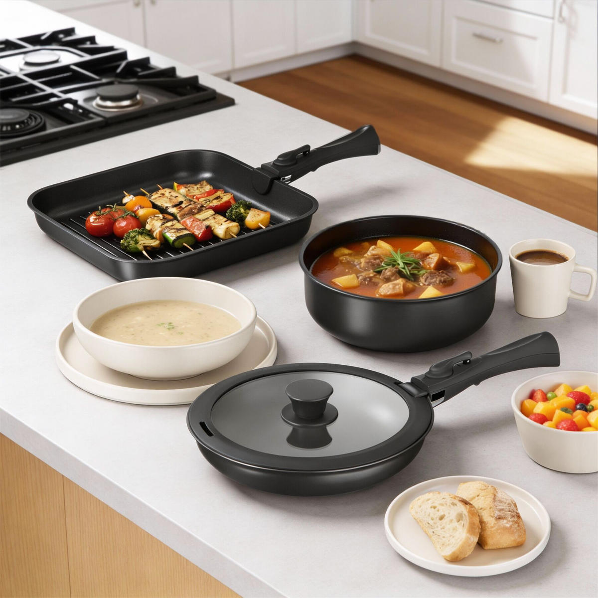 KÜCHENSTARTERSET 47er Set Una/Parma, inklusive Topfschonern und anklemmbaren Griffen, schwarz/taupe - Taupe/Schwarz, Keramik (30/8.5/46.5cm) - tectake