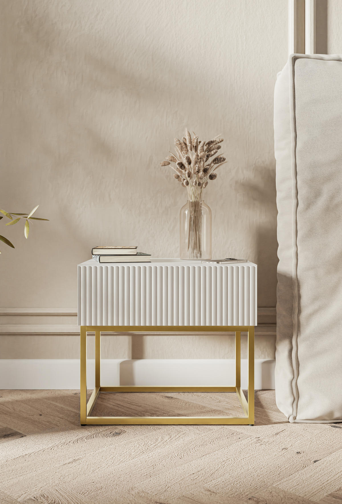 NACHTSCHRANK Veldio Weiß mit goldenen Metallbeinen 50 cm - Goldfarben/Weiß, Holzwerkstoff/Metall (50/44/35.6cm) - Selsey