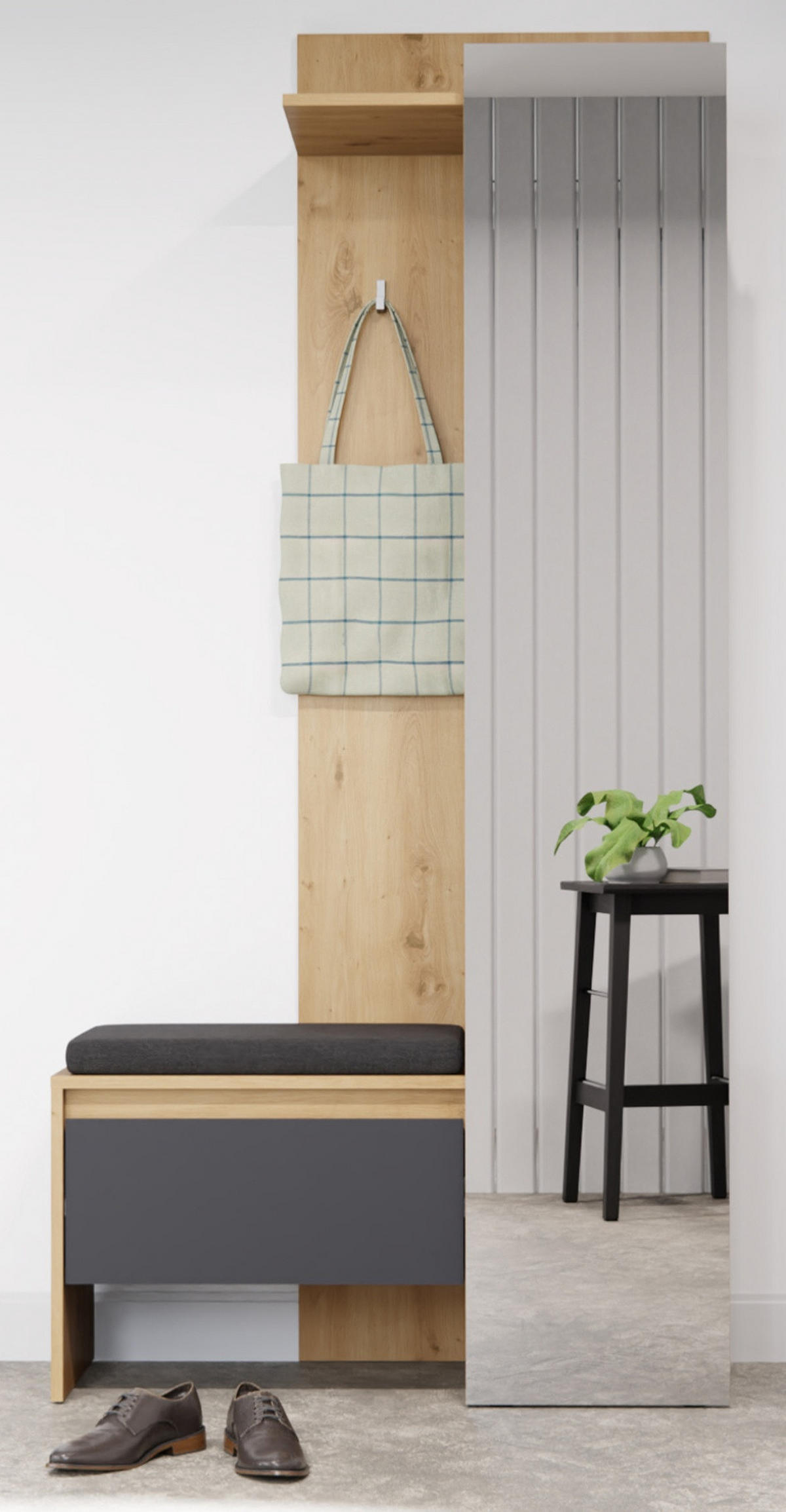 KOMPAKTGARDEROBE grau, Eiche 90 x 189 cm, Garderobe mit Spiegel - Eichefarben/Grau, Holzwerkstoff (90/189/39cm) - Inn.Furn