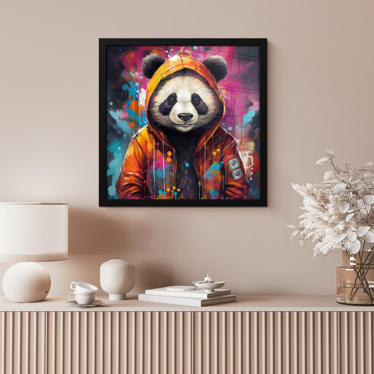 POSTER MIT RAHMEN Panda - Jacke - Graffiti - Orange 40x40 cm - Orange, Papier (40/40cm) - MuchoWow