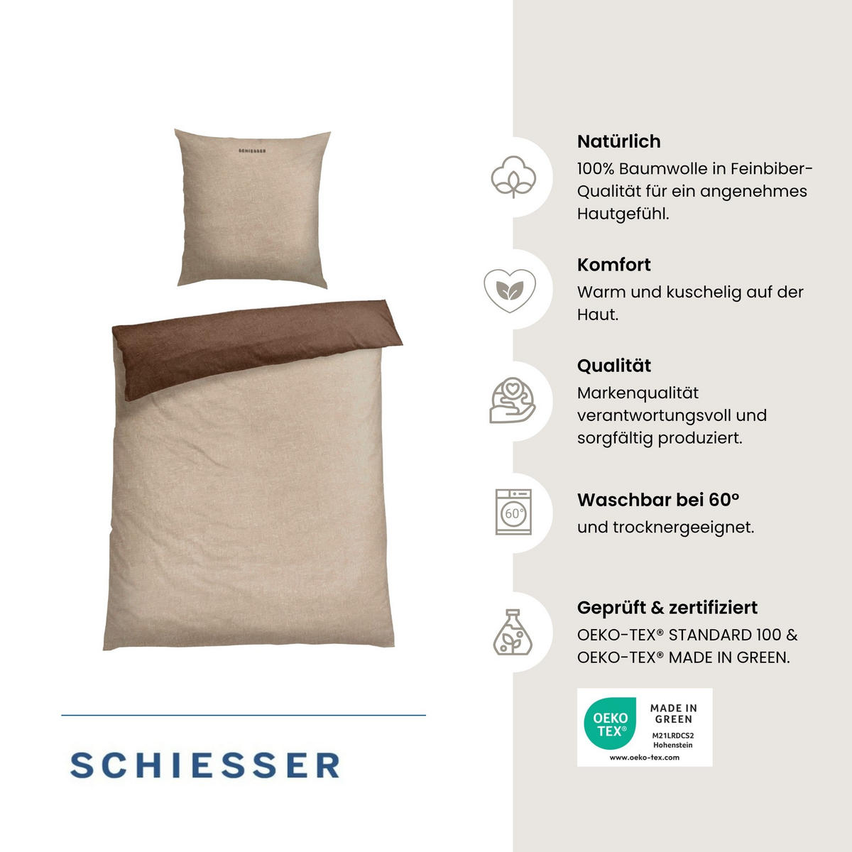 BETTWÄSCHESET Doubleface - Feinbiber - 2-teilig - 135 x 200 cm - Sand - Sandfarben, Textil (135/200cm) - SCHIESSER