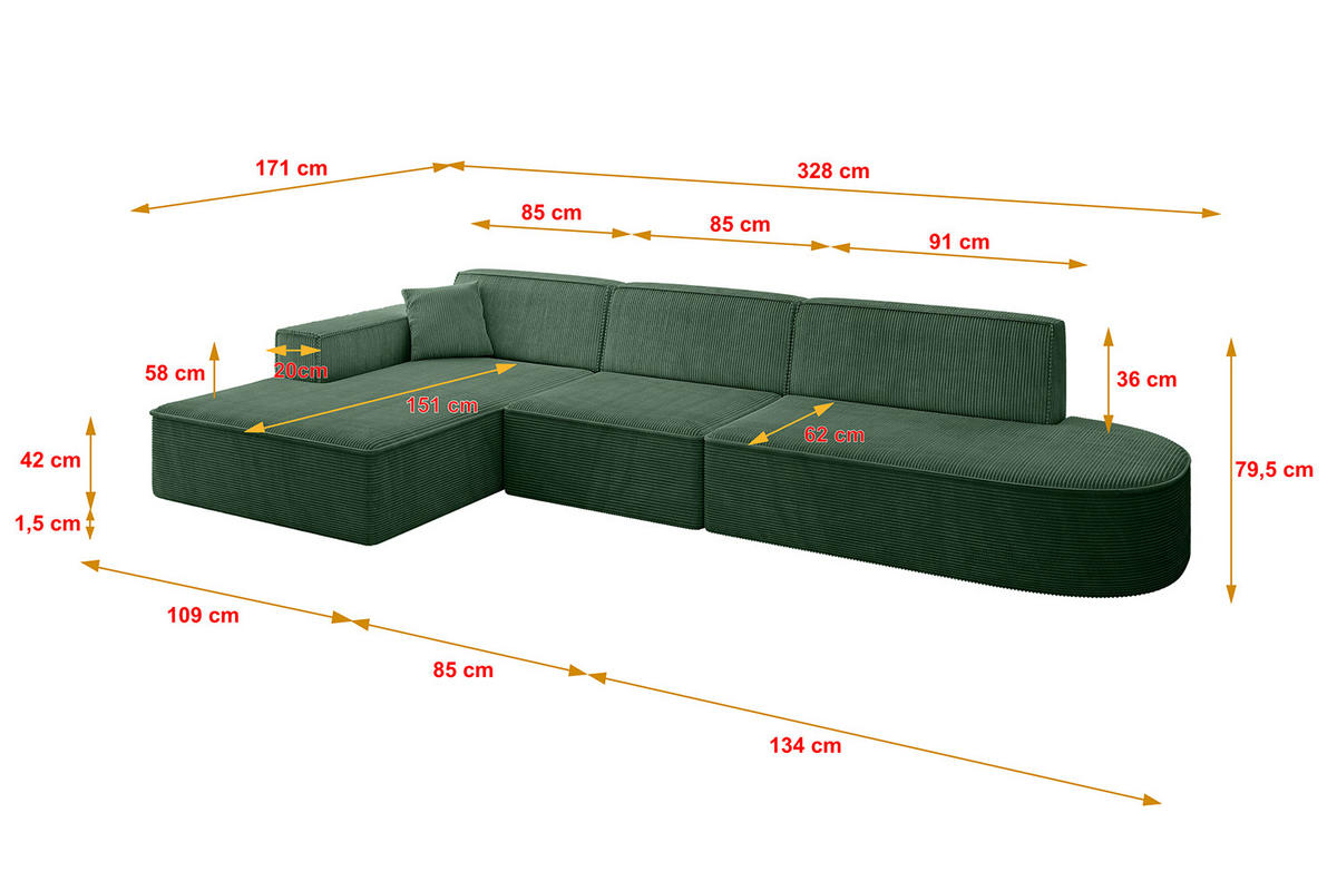 ECKSOFA Ottomane Links IREA-L2-v4 - 328x171x79 cm Grün - Currygelb, Holzwerkstoff/Textil (328/171cm) - ALTDECOR