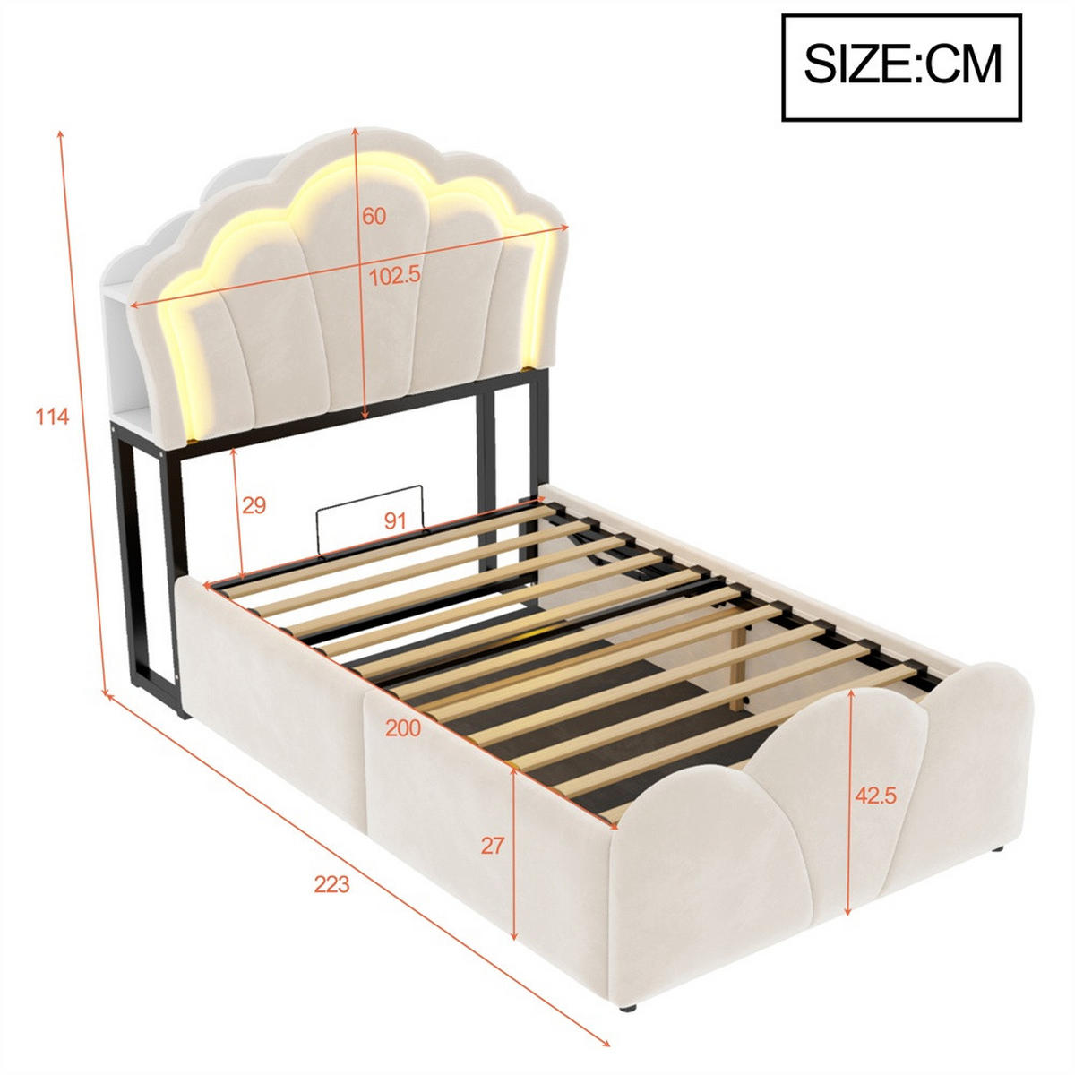 POLSTERBETT 90x200 cm mit hydraulischem Stauraum - LED Beleuchtung & Ladeanschluss - Beige - ohne Matratze - Beige, Textil (90/200cm) - DELFA