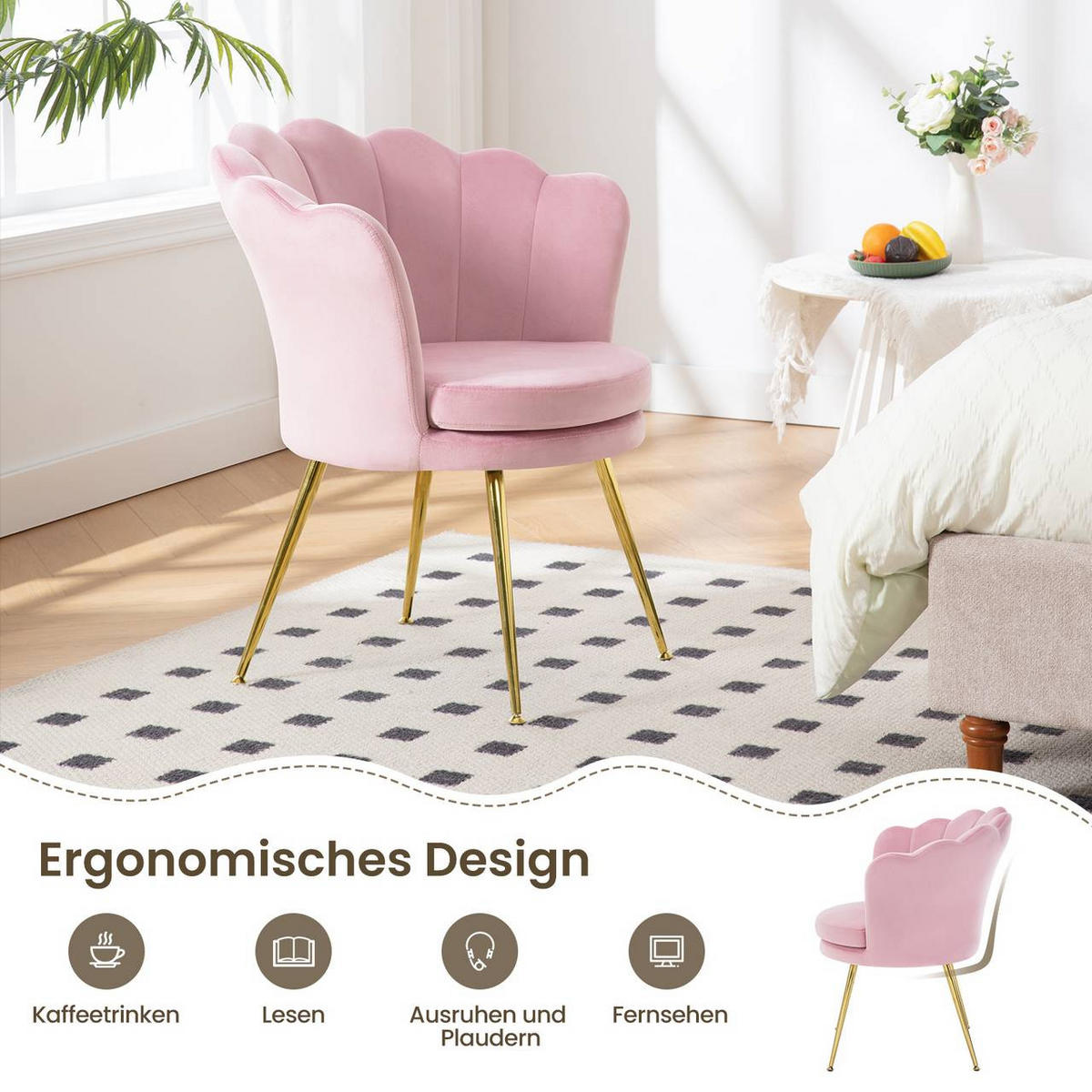 RELAXSESSEL Blumenform, Samtbezug, Rosa+Gold - Goldfarben/Rosa, Textil/Metall (68/75/62cm) - Woltu