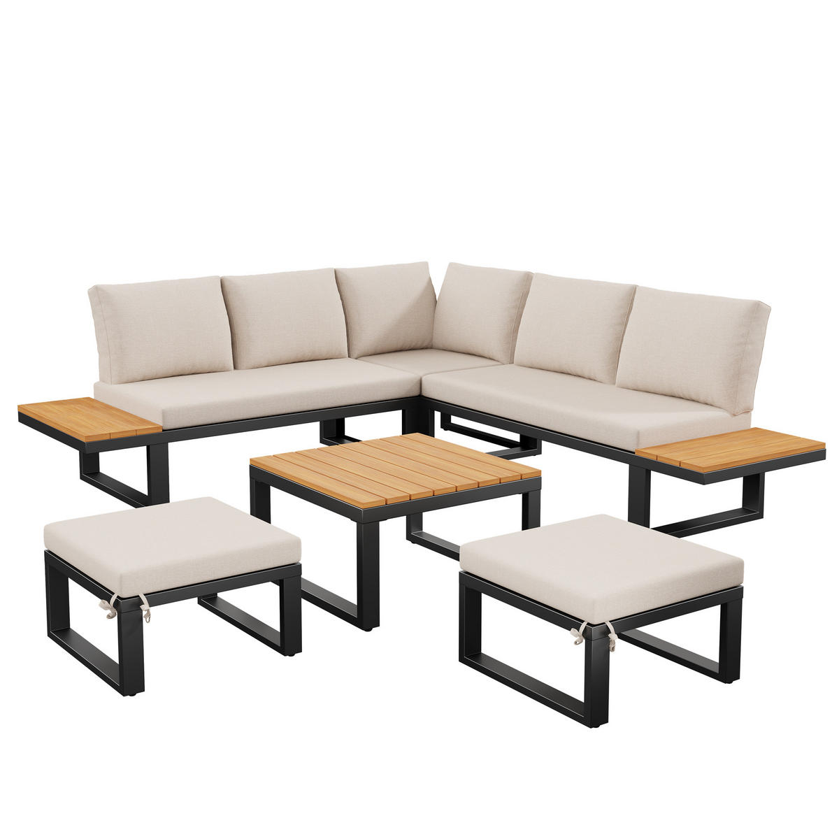 GARTENLOUNGE-SET für 6 Personen 6-teiliges Garten-Essgruppe für Balkon & Terrasse - Beige/Schwarz, Textil/Metall - STILVORA