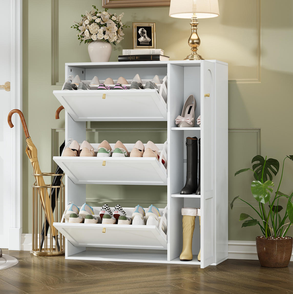 SCHUHSCHRANK 90/25/114 cm weiß aus MDF und Spanplatte mit 3 Klappen und 1 Tür - Weiß, Holzwerkstoff (90/114/25cm) - OKWISH