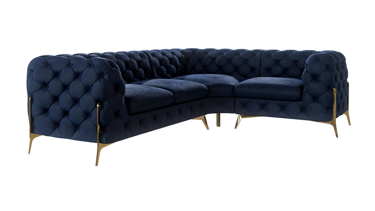 ECKSOFA Chesterfield Lexi Marineblau Samt, Ottomane rechts - Goldfarben/Dunkelblau, Holz/Textil (264/204cm) - S-Style Möbel