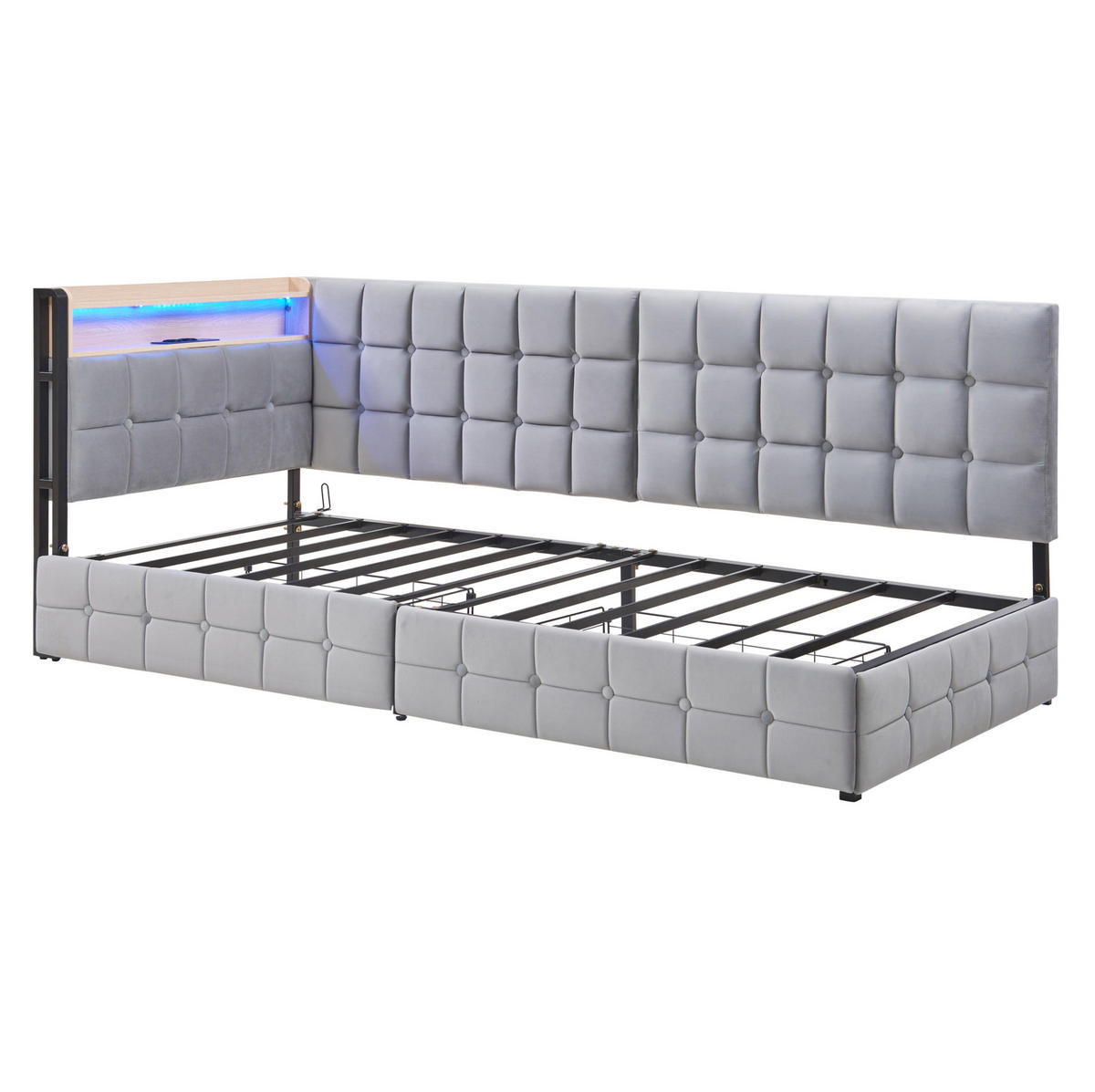 ČALÚNENÉ posteľné sofa z látky 90x200 cm sivé s LED osvetlením, USB, Type-C a 2 zásuvkami - sivá, textil (90/200cm) - Modfu