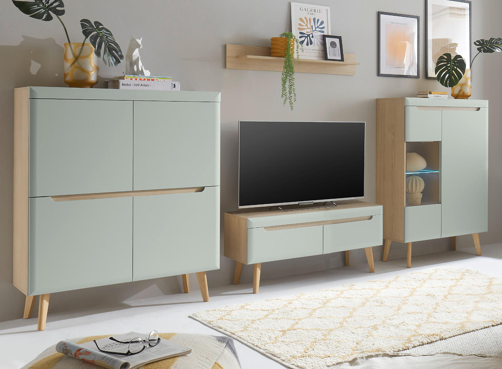 WOHNWAND 4-teilig pistazie grün, Eiche, skandinavisch 344 cm, Wohnkombination mit Soft-Close - Eichefarben/Pastellgrün, Glas/Eichenholz (344/170/40cm) - Furn.Design