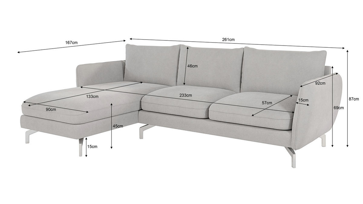 ECKSOFA Elou Silber Microfaser - Chromfarben/Silberfarben, Holz/Textil (261/167cm) - S-Style Möbel