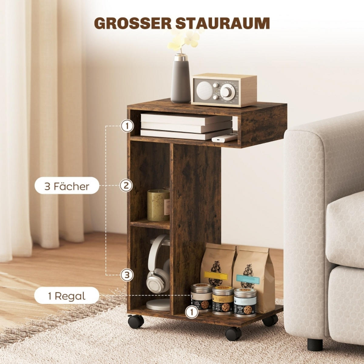 KÜCHENWAGEN MIT 3 FÄCHERN, Servierwagen mit 4 Rollen, 40/30/69 cm - Braun, Holzwerkstoff (30/69/40cm) - Rolipo