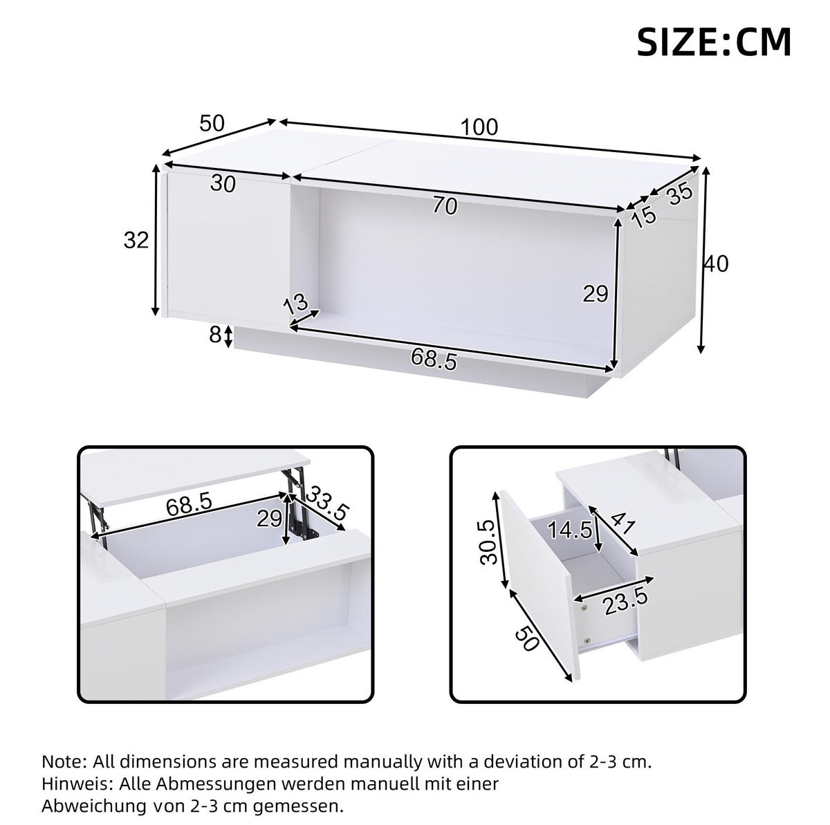 COUCHTISCH 100/50/40 cm weiß aus Spanplatte mit Höhenverstellung und LED - Weiß, Holzwerkstoff (100/50/40cm) - OKMYHOME
