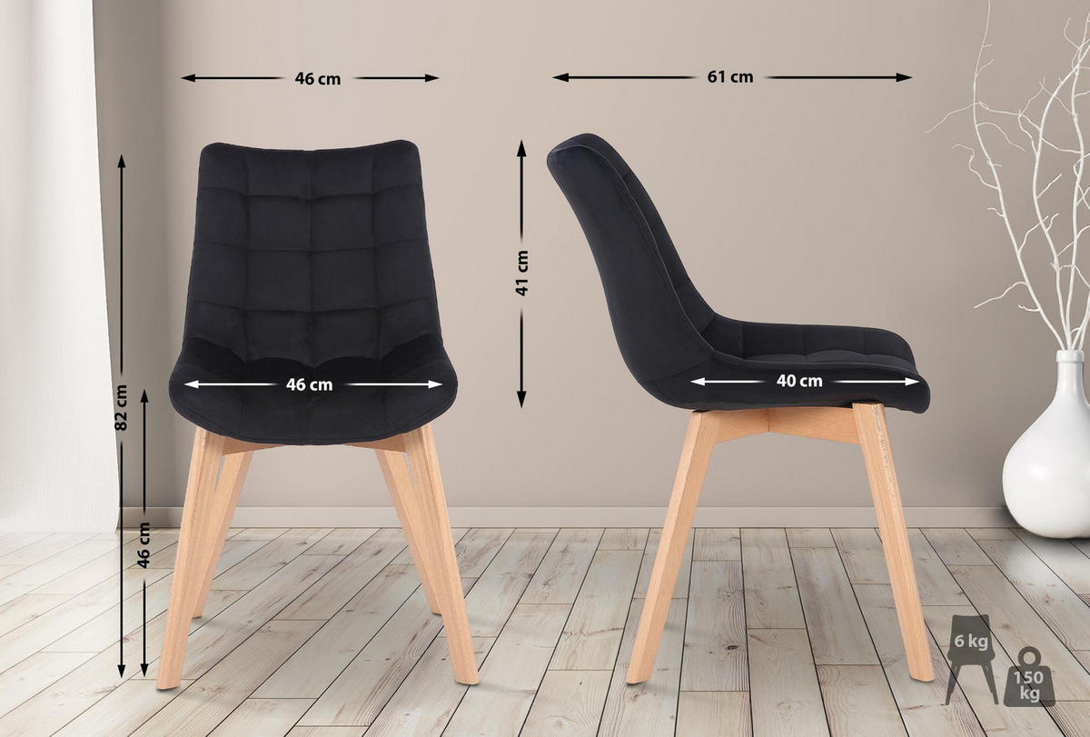STUHL 2er Set Samt Schwarz - Eukalyptusholzfarben/Schwarz, Holz/Textil (46/82/61cm) - CLP