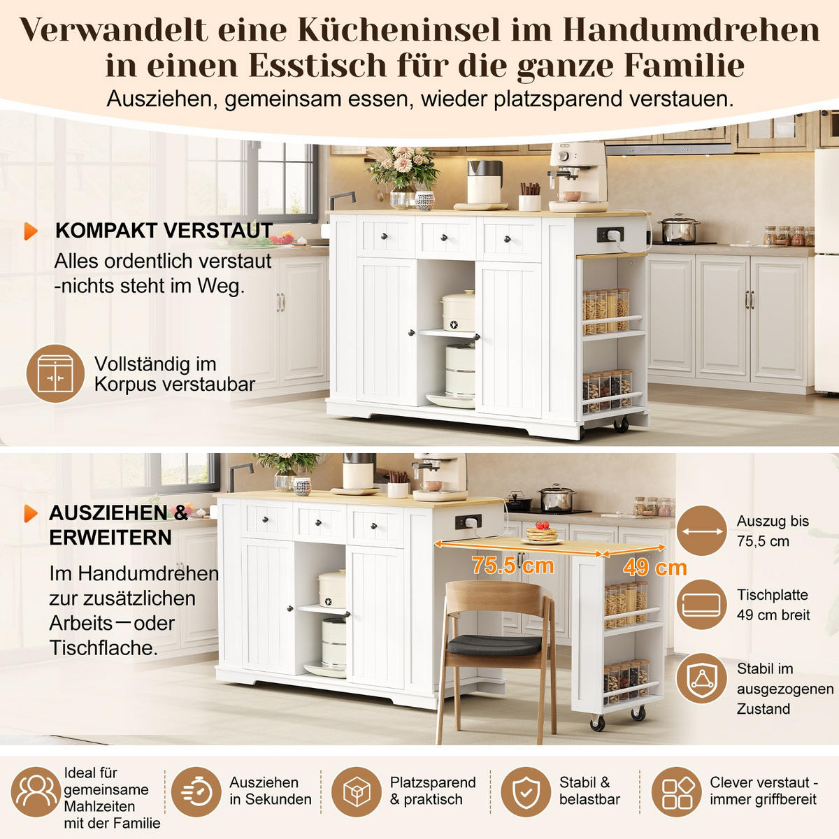 KÜCHENINSEL 138/55/93 cm Weiß mit 3 Schubladen, ausziehbarem Esstisch und 7 Rädern - Weiß, Holz/Holzwerkstoff (55/93/138cm) - Oxeza