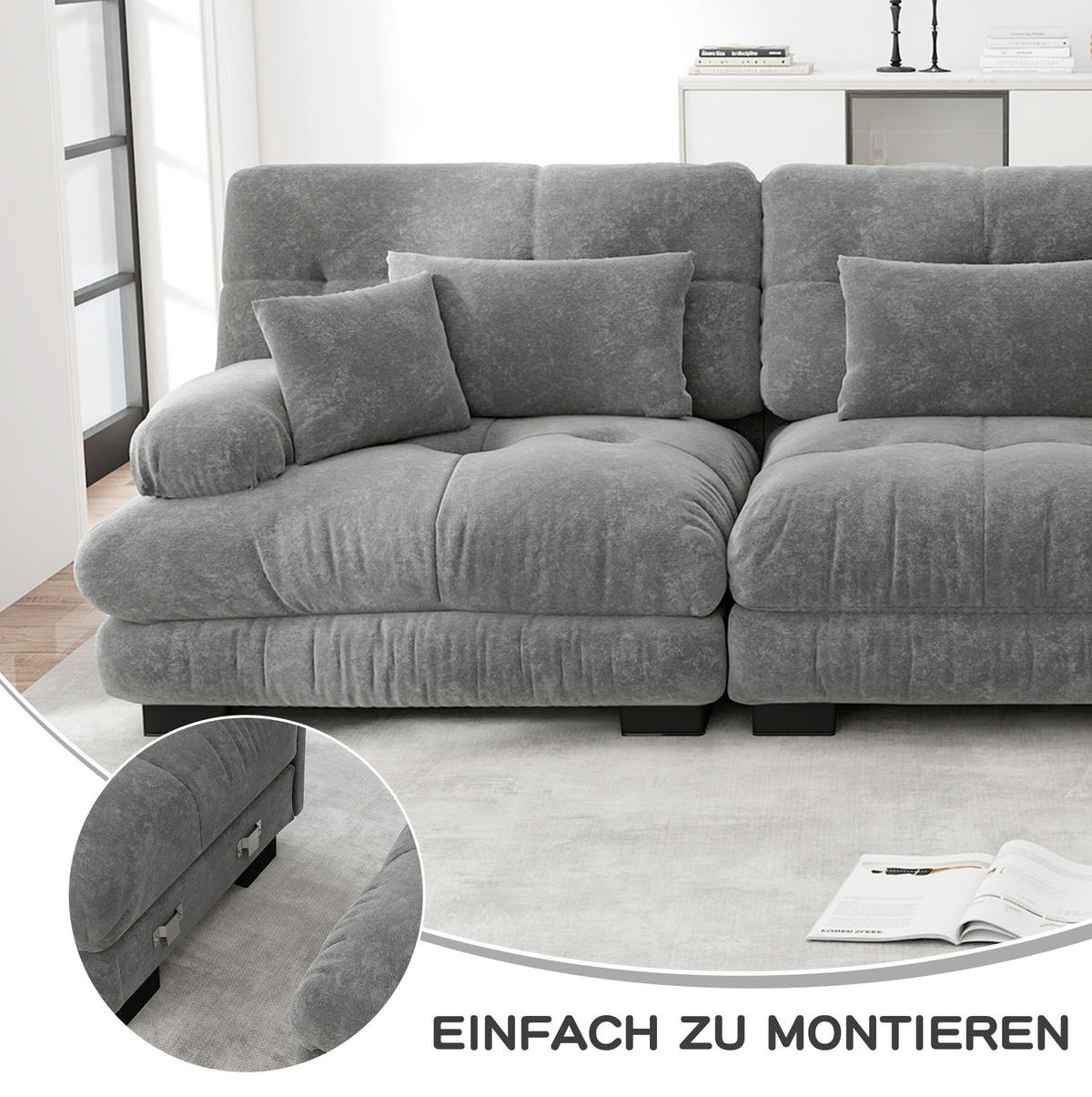 ECKSOFA modular mit Zierkissen und Lendenkissen, Chenille Grau - Grau, Textil (220/77cm) - Redom