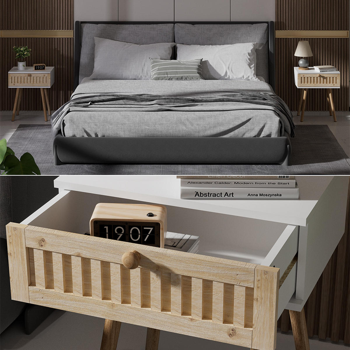 NACHTTISCH Holk Weiß/Kiefer 40 x 47 cm 2-er Set - Weiß/Kieferfarben, Holzwerkstoff (40/47/30cm) - Vicco