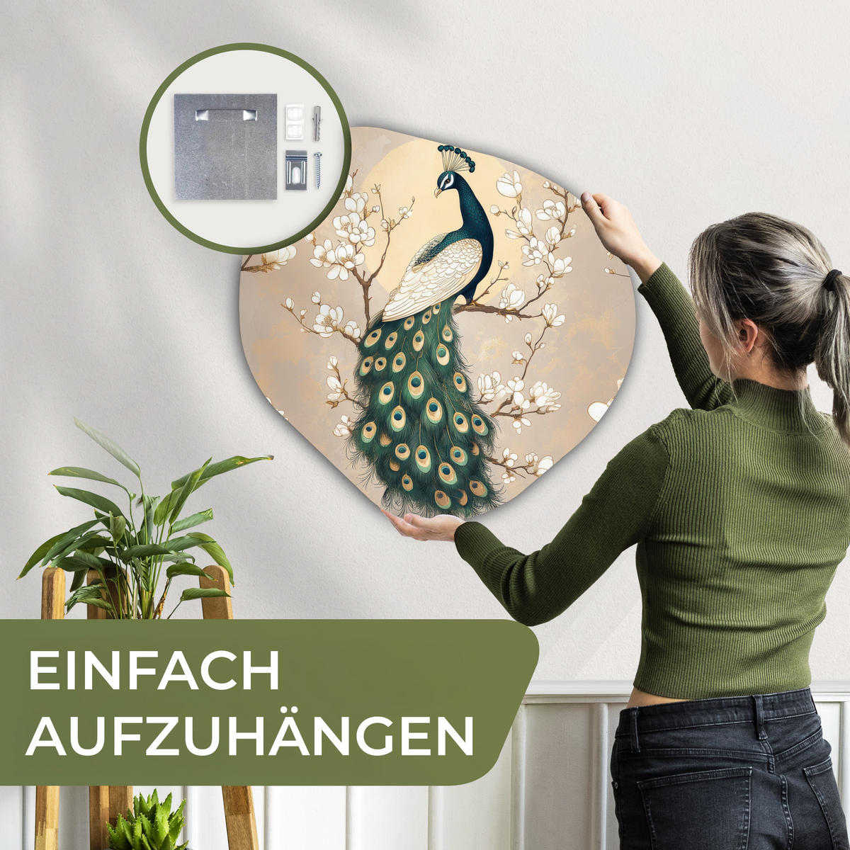 WANDBILD Pfau - Zweig - Blumen 60x60 cm - Champagner, Kunststoff (60/60cm) - MuchoWow