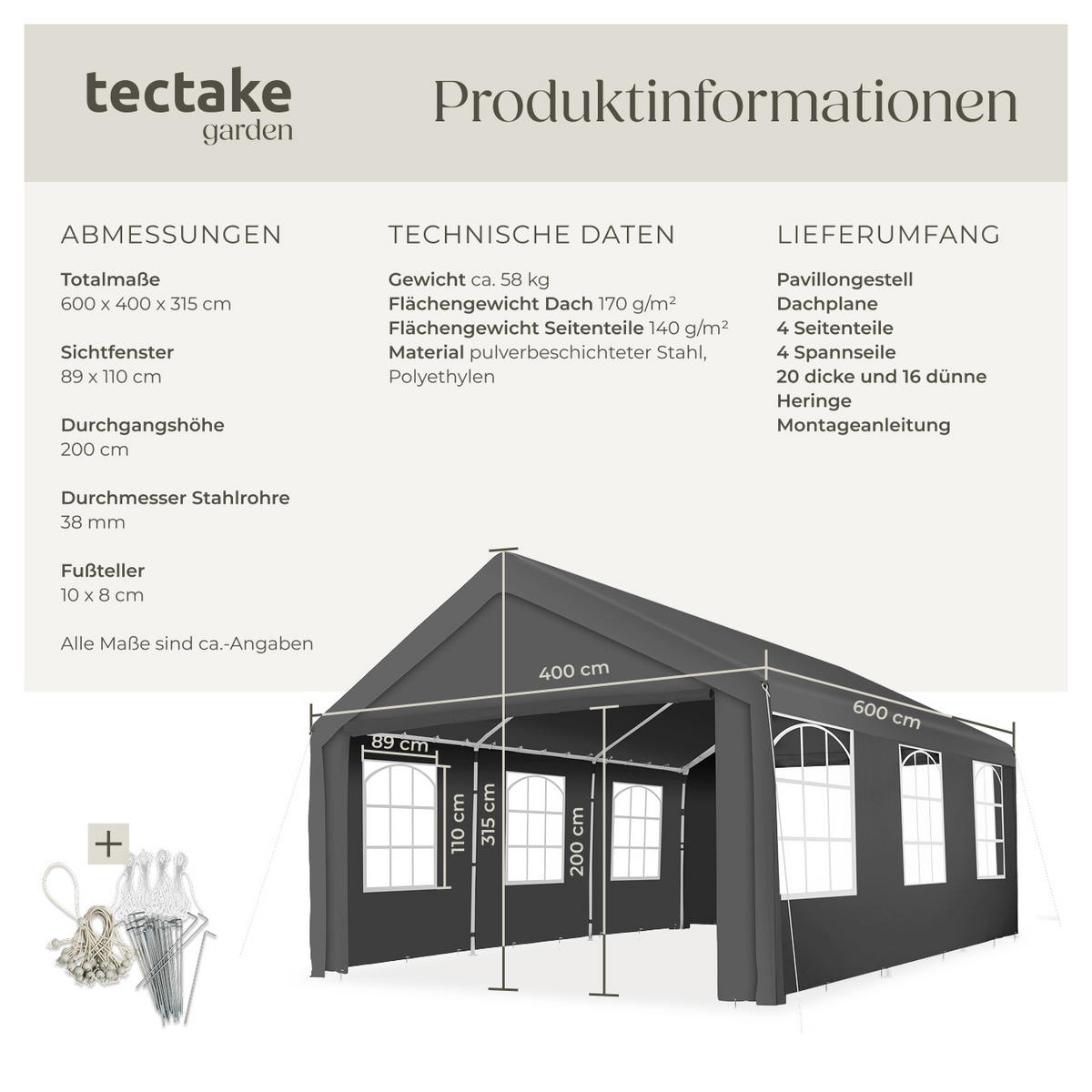 PAVILLON Jasko,inklusive Spannseilen und Heringen,grau - Grau, Kunststoff (400/315/600cm) - tectake