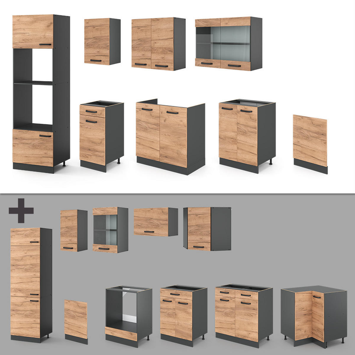 KÜCHENZEILE R-Line Goldkraft Eiche/Anthrazit 300 cm mit Hochschrank AP Eiche - Honigeiche/Anthrazit, Holzwerkstoff (300/81.6/60cm) - Vicco