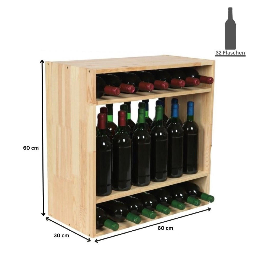 WEINREGAL Vincellar Mod 60x60x30 cm Standflaschen Modul Für 32 Flaschen Massives Kiefernholz Natur - Naturfarben, Holz (60/60/30cm) - PROREGAL