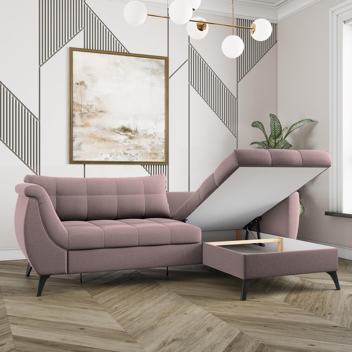 ECKSOFA MOLLIS Rosa Geflochtener-Stoff mit Schlaffunktion - Rosa, Holz (241/154cm) - MASSENO