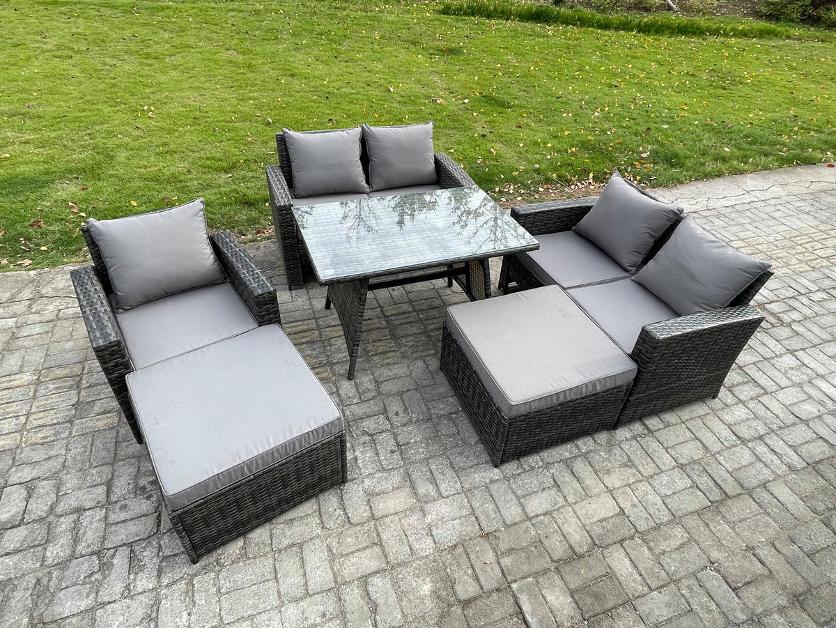 GARTENMÖBELSET mit ESSTISCH,HOCHLEHNER-SOFA Polyrattan Dunkelgrauer Mix 8-Sitzer - Dunkelgrau/Grau, Glas/Kunststoff - Fimous
