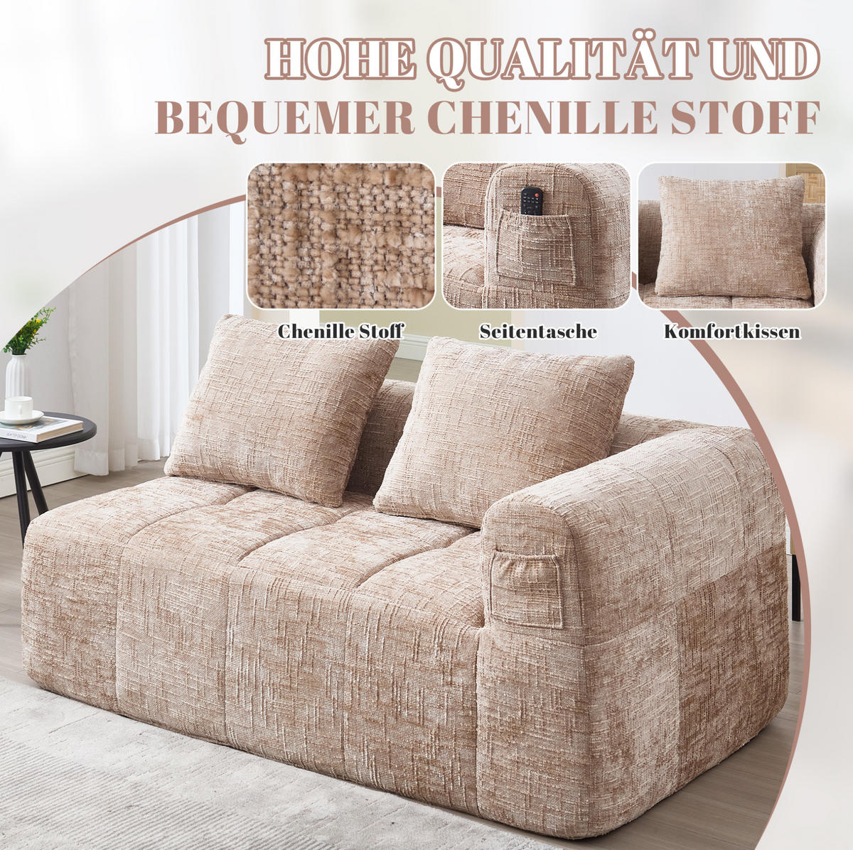 2-SITZER-SOFA 158/90/60 cm khaki aus Chenille mit Seitentaschen - Sandfarben, Textil (60/158/90cm) - Modenvie