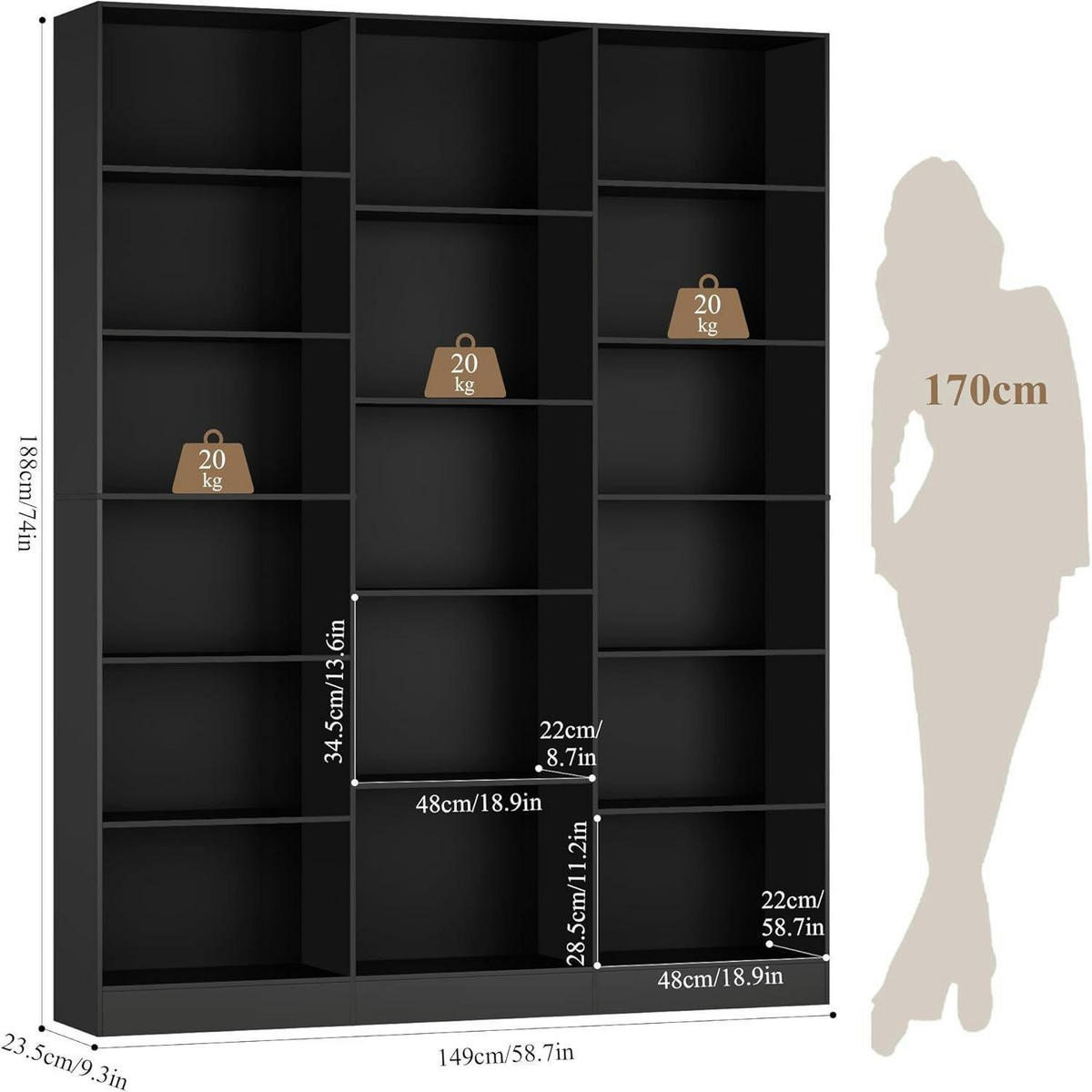 BÜCHERREGAL 188 cm schwarz - Schwarz, Holzwerkstoff (149/188/23.5cm)