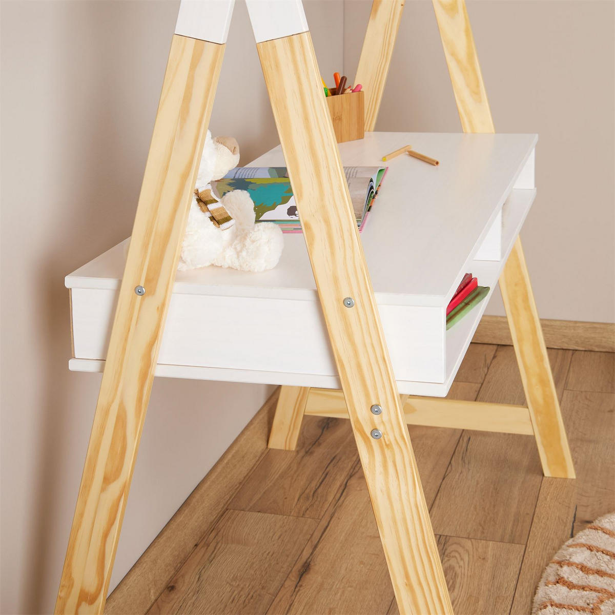KINDERSCHREIBTISCH SIMI - Naturfarben/Weiß, Holz (104/155/65cm) - IDIMEX