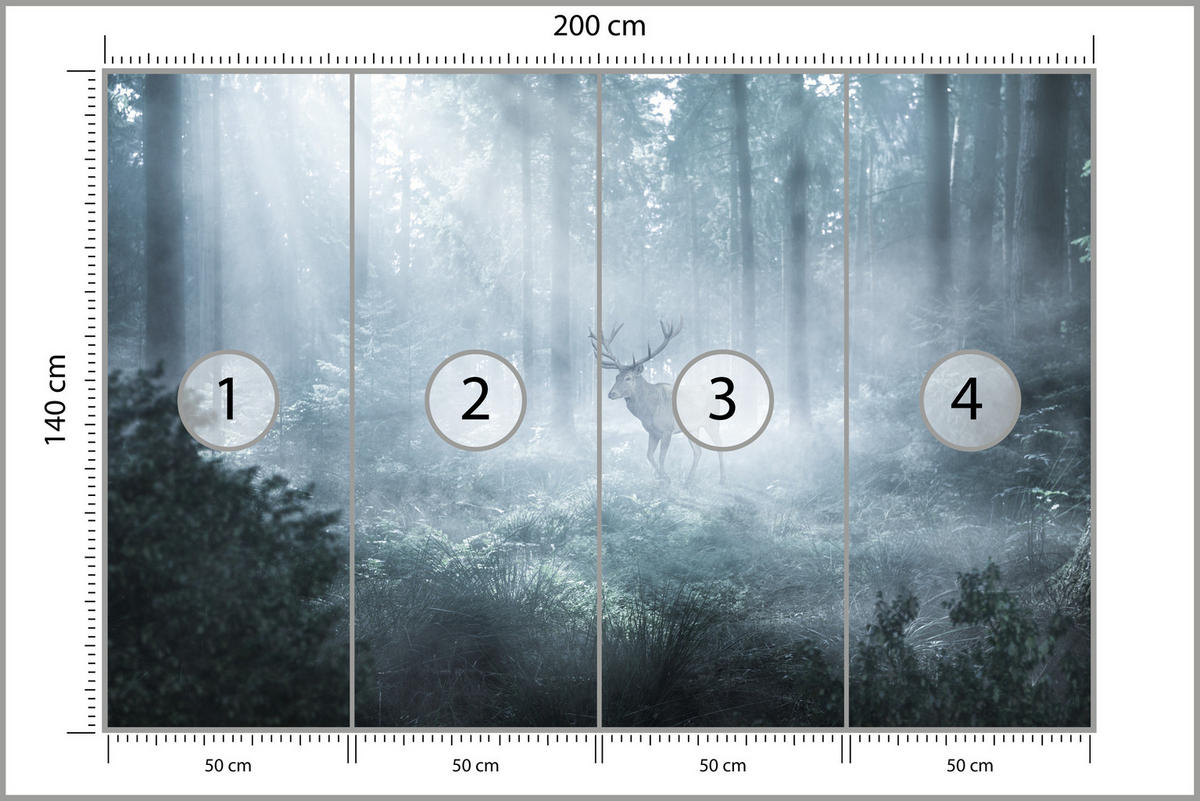 FOTOTAPETE für Wohnzimmer Hirsch Nebelwald Bäume Pflanzen 200x140 - Weiß/Grau, Papier (200/140cm) - Muralo