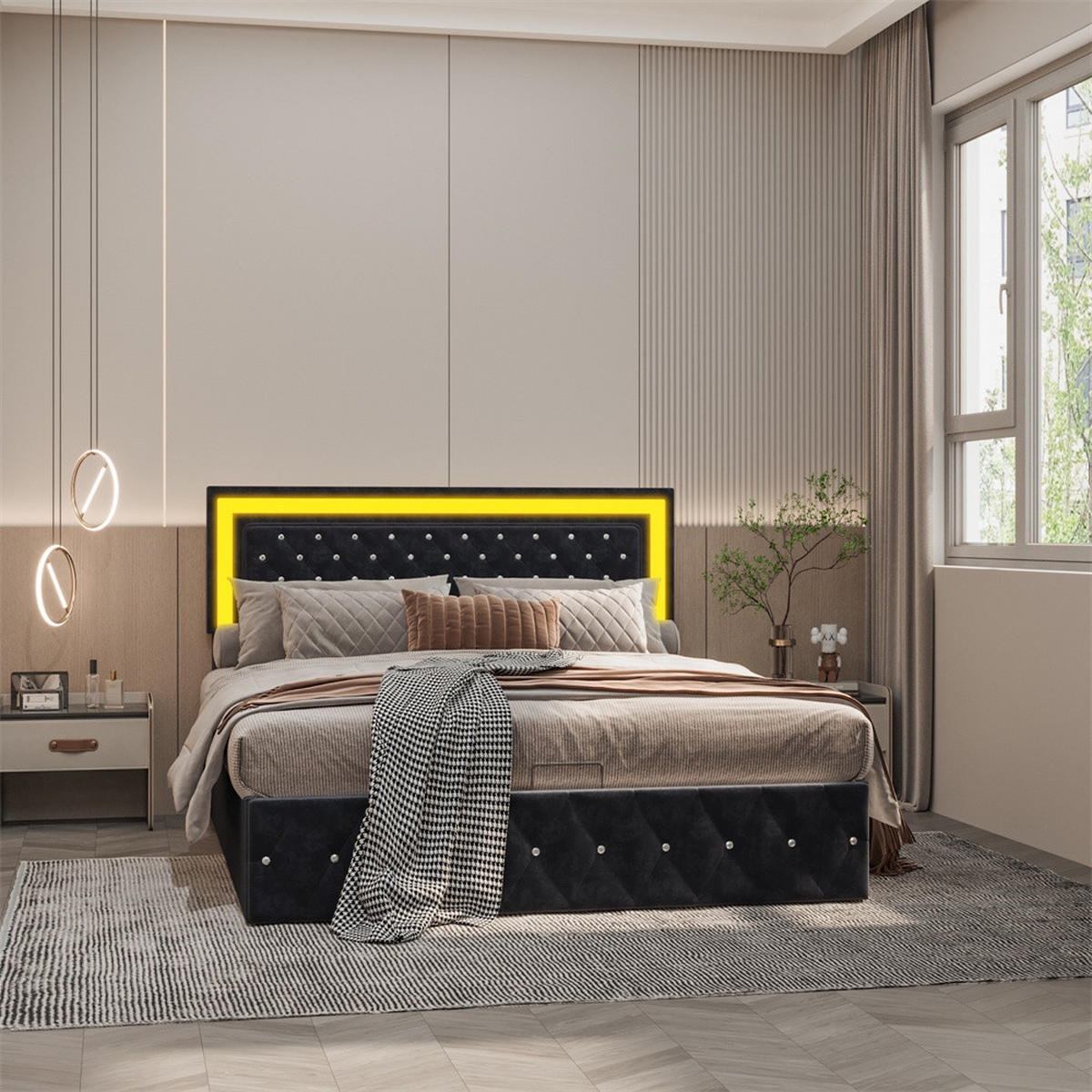 POLSTERBETT 160x200 cm - mit LED-Kopfteil und hydraulischem Bettkasten - Samt - ohne Matratze - Schwarz - Schwarz, Textil (160/200cm) - DELFA