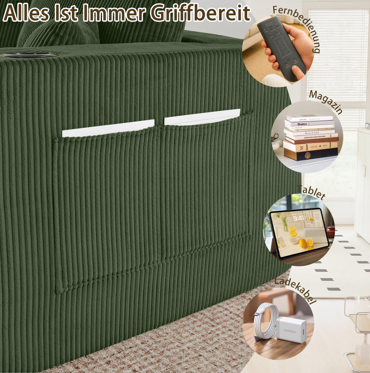 SOFA modular 3-Sitzer L-Form Cord Green mit 2 Ottomanen - Grün, Kunststoff (230/75/138cm) - IVMEU