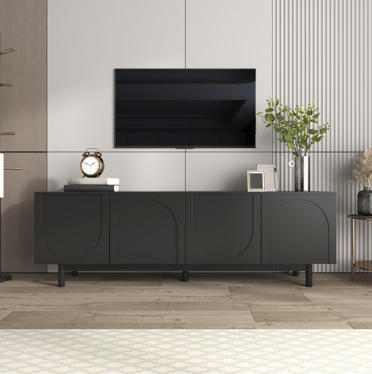 TV-SCHRANK mit 4 Türen 175 x 38 x 56 cm MDF Schwarz - Schwarz, Holzwerkstoff (38/56/175cm) - Beauniv