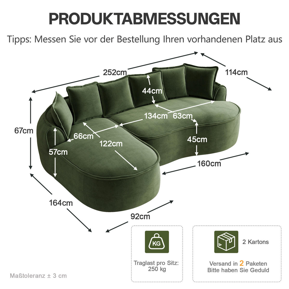 ECKSOFA DE-34260 mit Chaiselongue und Kissen Grün - Grün, Textil (164/252cm) - ComfortXL